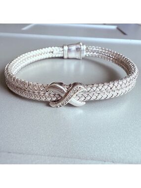 RCI TURKEY Mesh Basket Weave Cable Diamond Station Sterl Bangle Bracelet